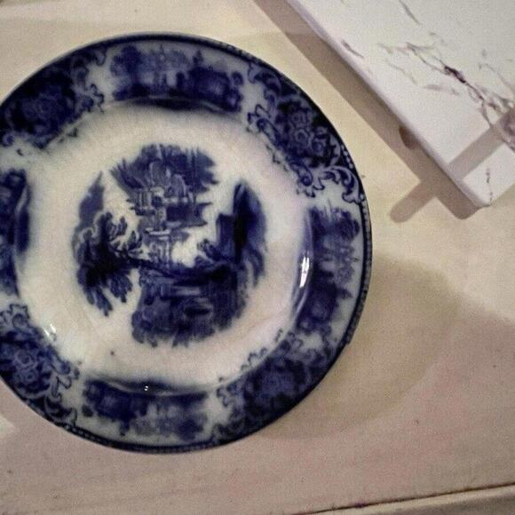 c1890's‎ W. H. GRINDLEY flow blue SHANGHAI Nice Condition. Wall Plate Attach  8” - Picture 6 of 9